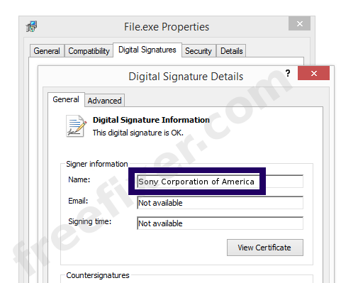 Screenshot of the Sony Corporation of America certificate